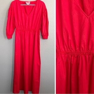 Kate Spade Red V Neck Puff Sleeve Maxi Long Dress 100% Cotton Small Fits Medium
